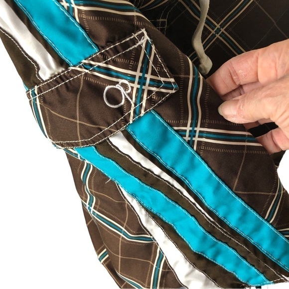 OP Board Shorts Swim Trunks Men L 36 38 Brown White Teal Plaid Mesh Lining - Picture 3 of 9